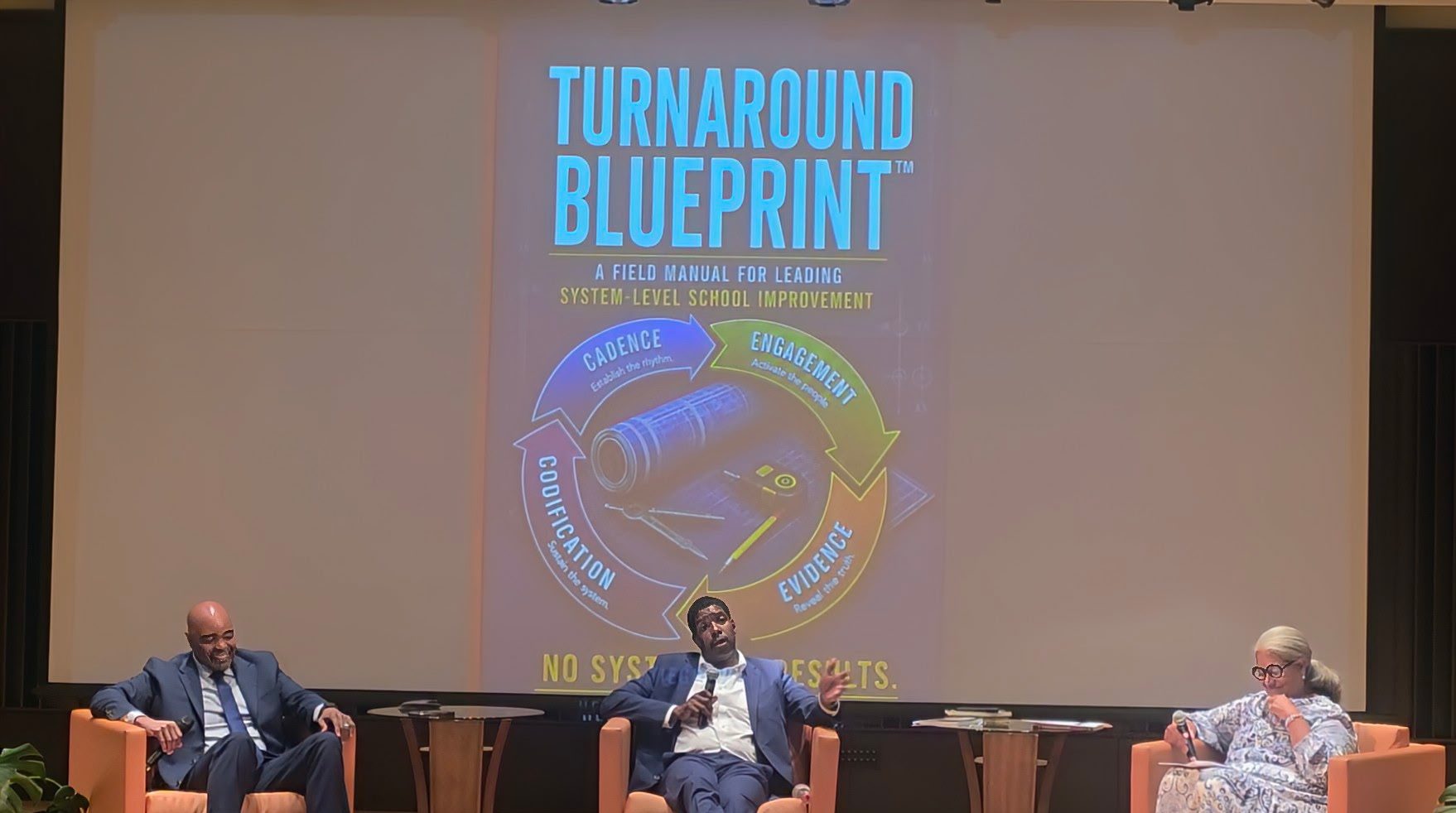 Dr. Pettiegrew speaking on a leadership panel at the Turnaround Blueprint book launch, July 1, 2026, with the book cover projected behind the stage